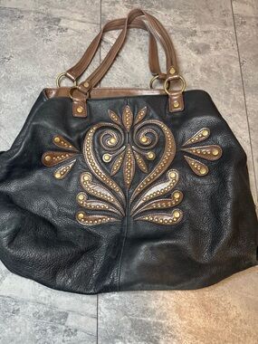 Gianni Bini Black Tote with Brown Trim and Studded Heart Motif